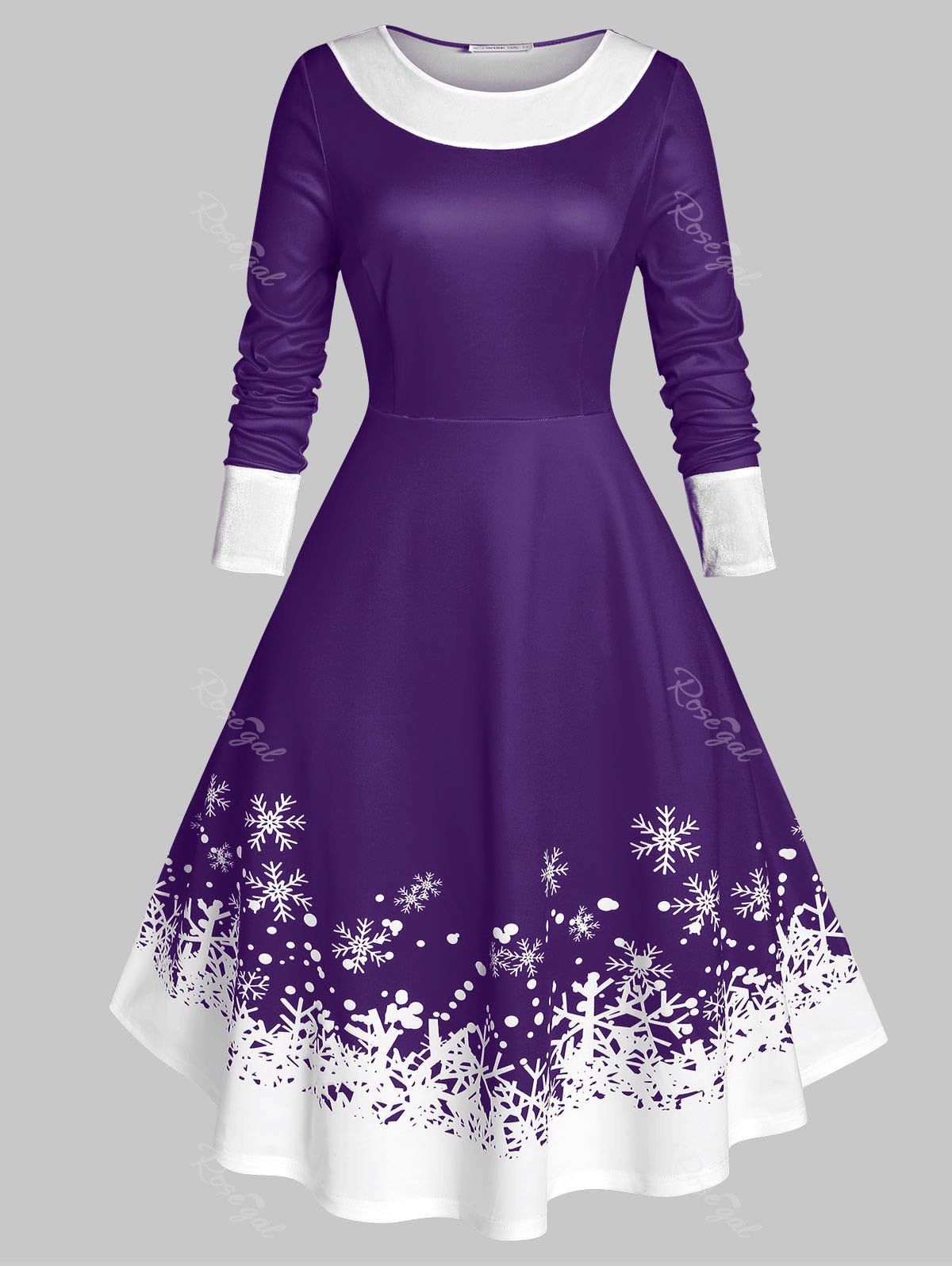 

Plus Size Christmas Snowflake A Line Velvet Panel Dress, Purple iris