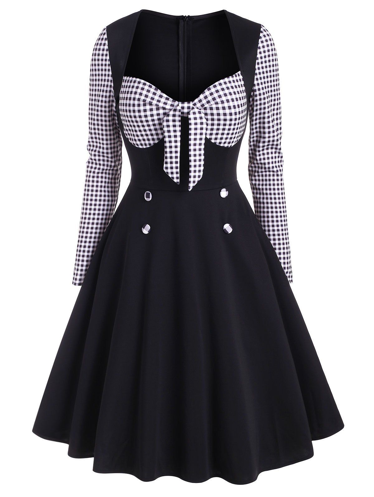 

Vintage Gingham Mock Button Tied Dress, Black