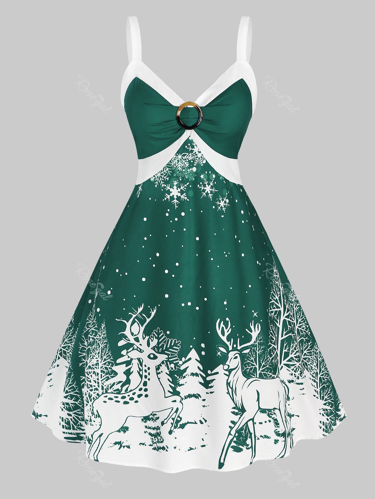 Robe Bicolore à Imprimé Flocon de Neige et Renne Noël Grande Taille Vert Tortue de Mer 1X