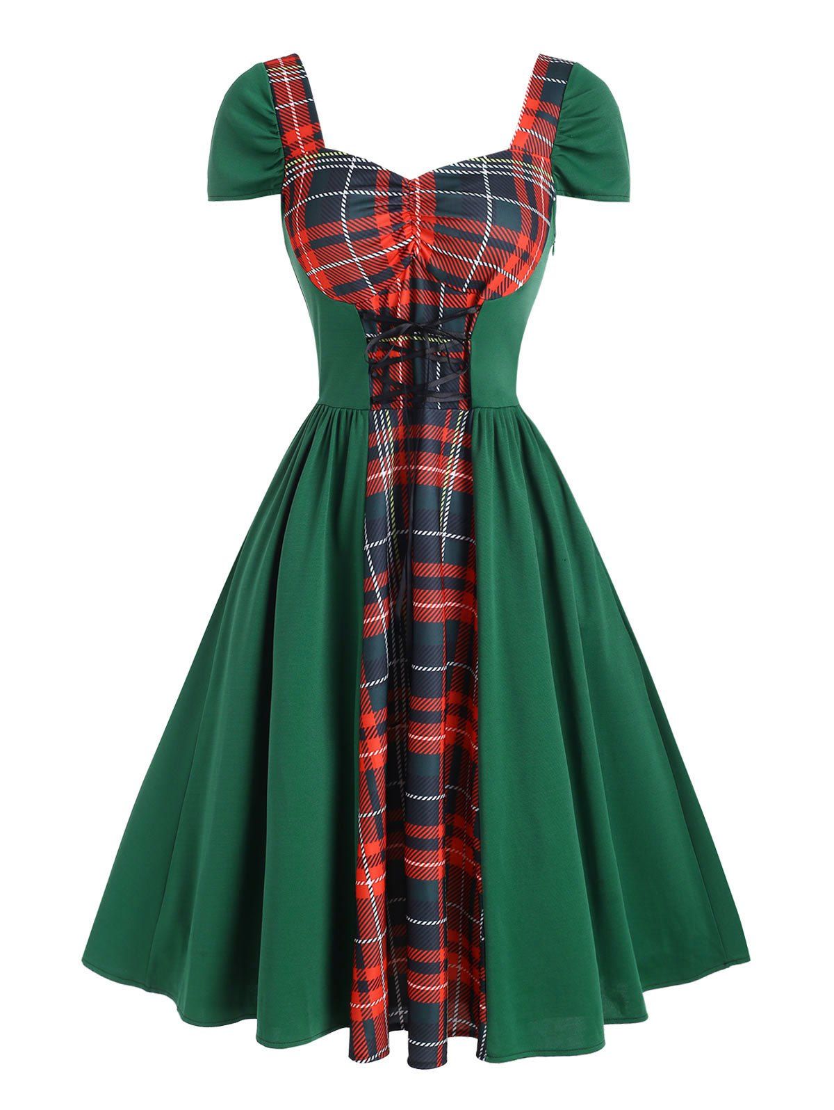 New Vintage Lace Up Ruched Plaid Cap Sleeve Dress  