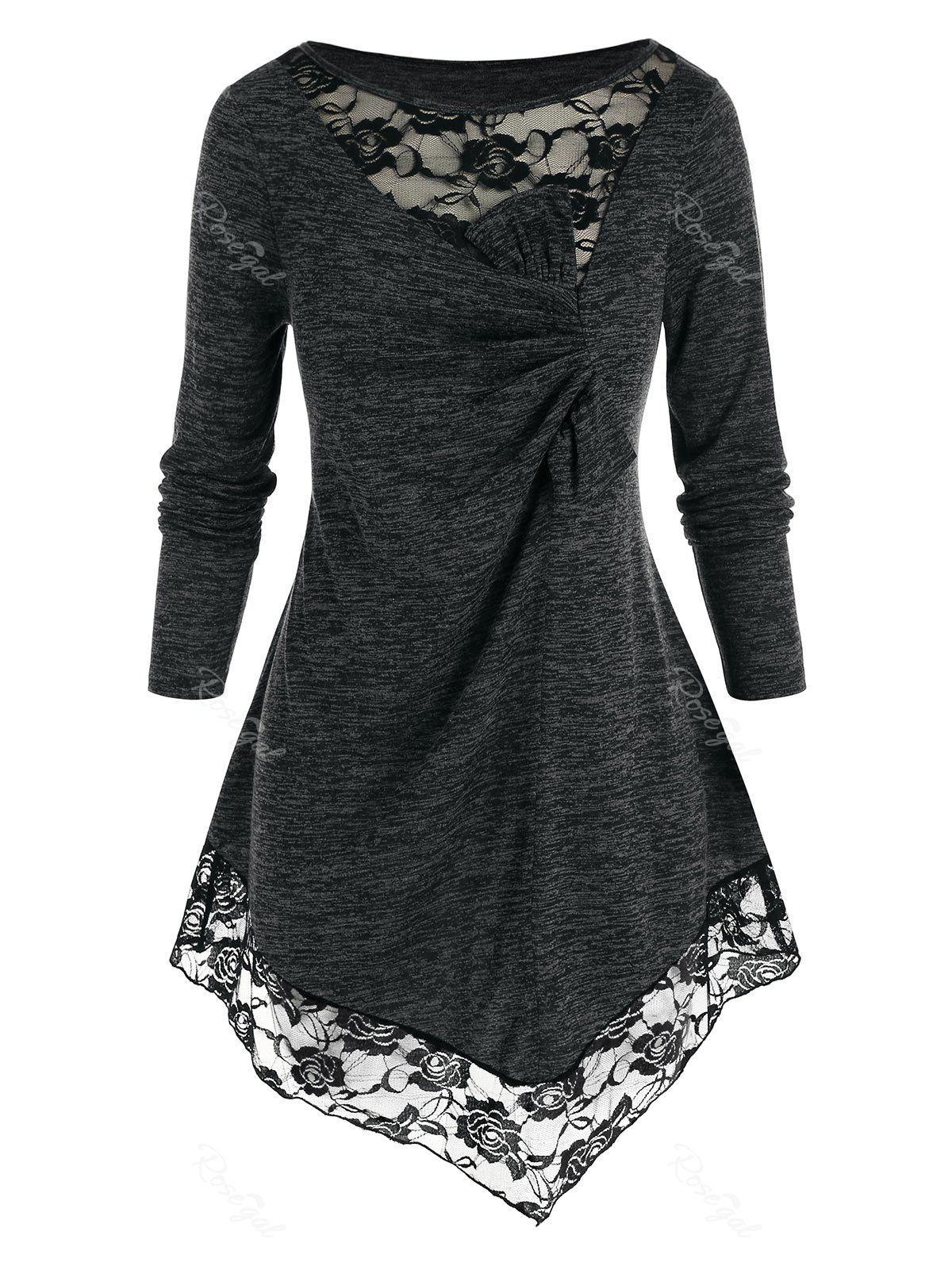 

Plus Size Space Dye Lace Panel Long Sleeve Knot T-shirt, Black