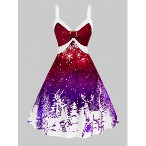 

Plus Size Christmas Bicolor Elk Snowflake Print Dress, Fantastic