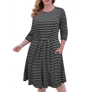 

Tie Waist Contrast Stripes Casual Plus Size Dress, Black