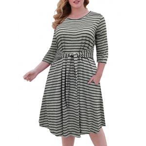 

Tie Waist Contrast Stripes Casual Plus Size Dress, Gray