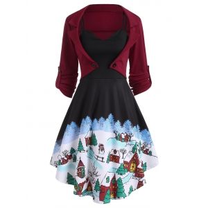 

Christmas Snow Print Cami Dress with Long Sleeve Bolero Jacket, Black