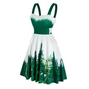 

Christmas Lace Up Faux Fur Tree Print Dress, Deep green