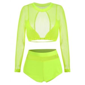 

Open Back Shelf In Bra Mesh High Rise Tankini Swimwear, Light green