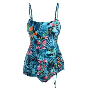 

Tropical Print Ruffle Cinched Skirted Tankini Swimwear, Blue