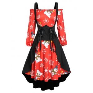 

Plus Size Christmas Snowflake Snowman Dress with Long Waistcoat Set, Red