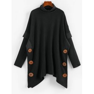 

Mock Button Turtleneck Ribbed Cape Sweater, Black