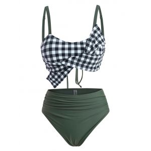 

Gingham Bowknot Lace-up Ruched Tankini Swimwear, Dark gray