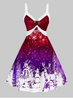 Plus Size Christmas Bicolor Elk Snowflake Print Dress - FANTASTIC - 5X