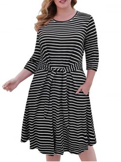 Tie Waist Contrast Stripes Casual Plus Size Dress - BLACK - XL