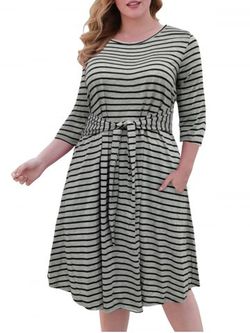 Tie Waist Contrast Stripes Casual Plus Size Dress - GRAY - 3XL