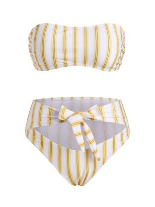 Striped Tied Cutout High Rise Strapless Bikini Swimwear