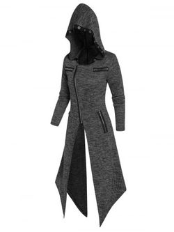 Hooded Eyelet Zippered Knitted Handkerchief Coat - DARK SLATE GREY - XL