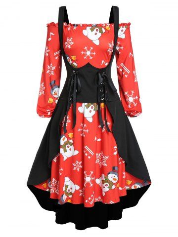 Plus Size Christmas Snowflake Snowman Dress with Long Waistcoat Set from rosegal rosegal Plus Size Christmas Snowflake Snowman Dress with Long Waistcoat Set