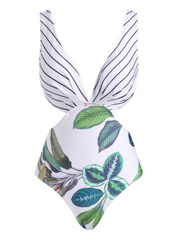 Plunging Leaf Striped Backless One-piece Swimsuit - WHITE - S