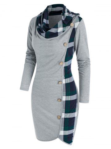 Plaid Print Mock Button Cowl Neck Sheath Dress - LIGHT GRAY - L