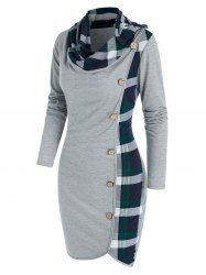Robe Fourreau à Carreaux Imprimé avec Bouton à Col Bénitier - Gris Clair XL