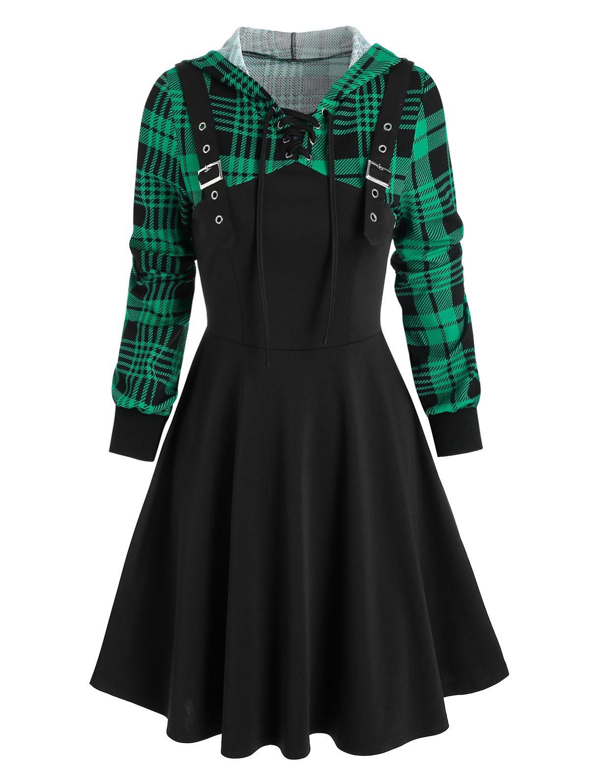 

Hooded Plaid Print Buckle Strap Lace-up Dress, Multi-a