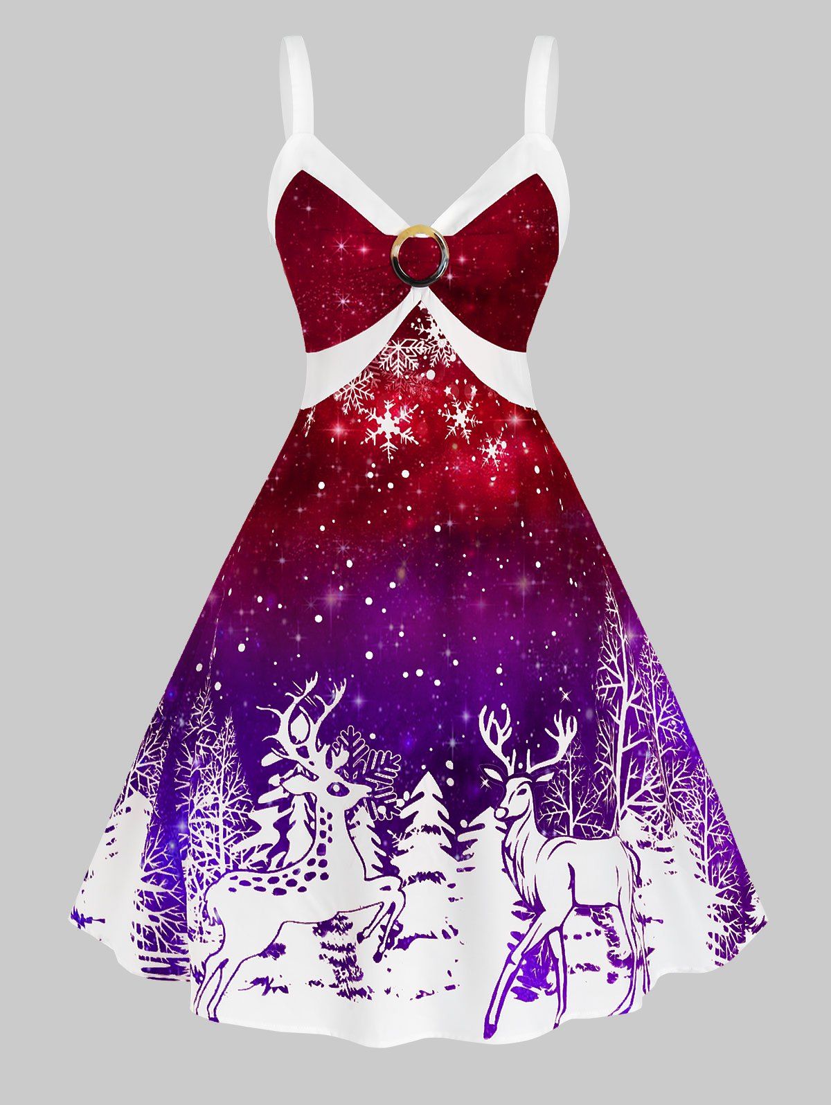 Unique Plus Size Christmas Bicolor Elk Snowflake Print Dress  
