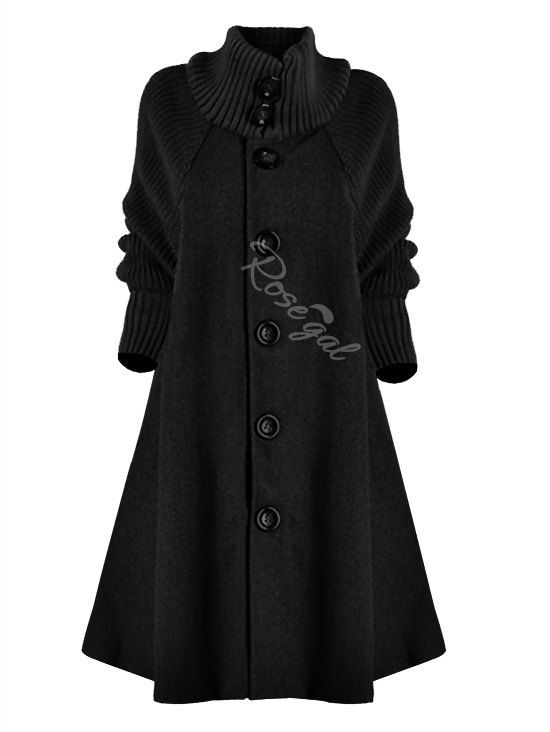 

Plus Size Single Breasted Knit Sleeve Pocket Long Coat, Black