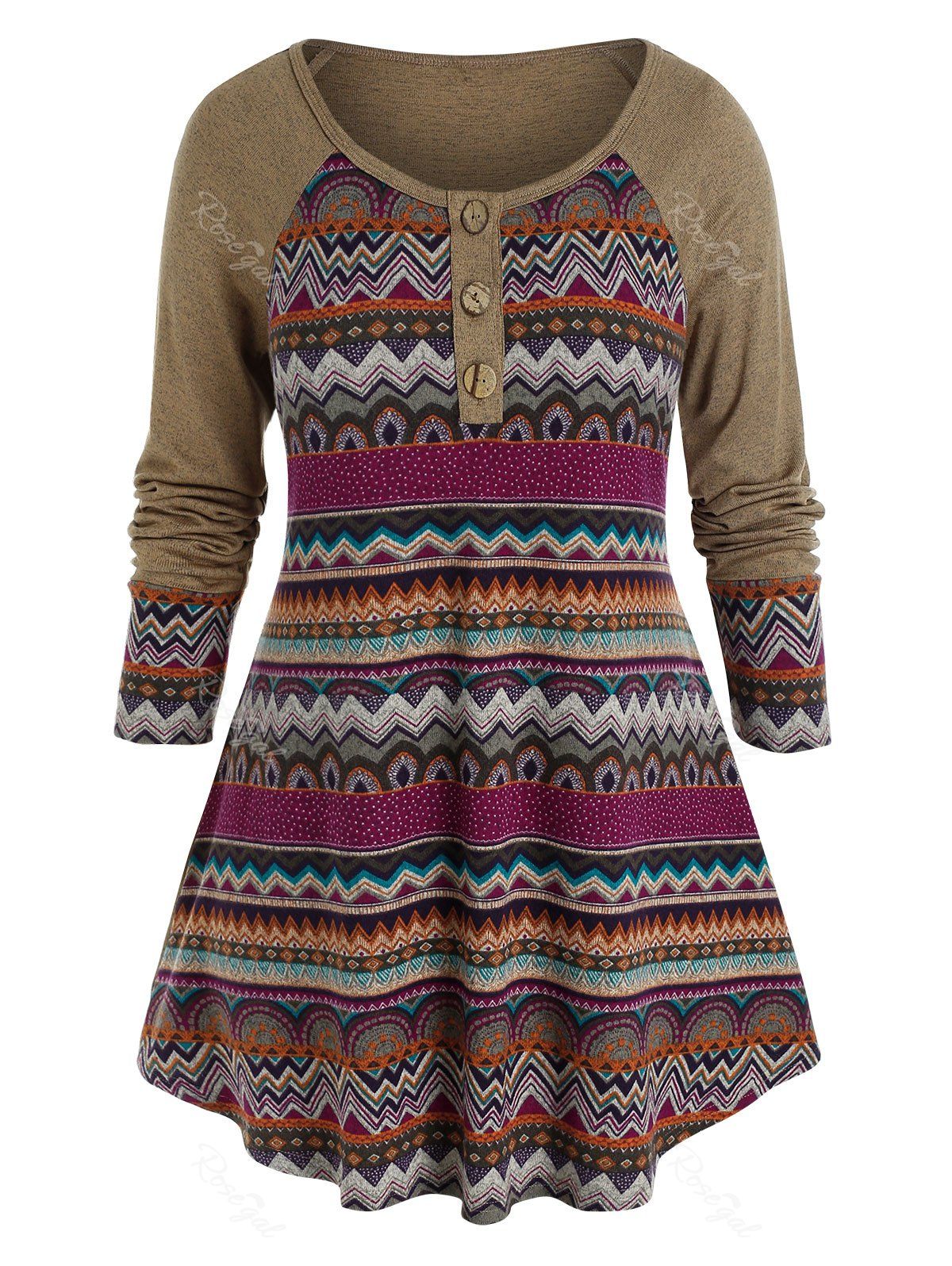 

Plus Size Tribal Print Raglan Sleeve T Shirt, Multi-a