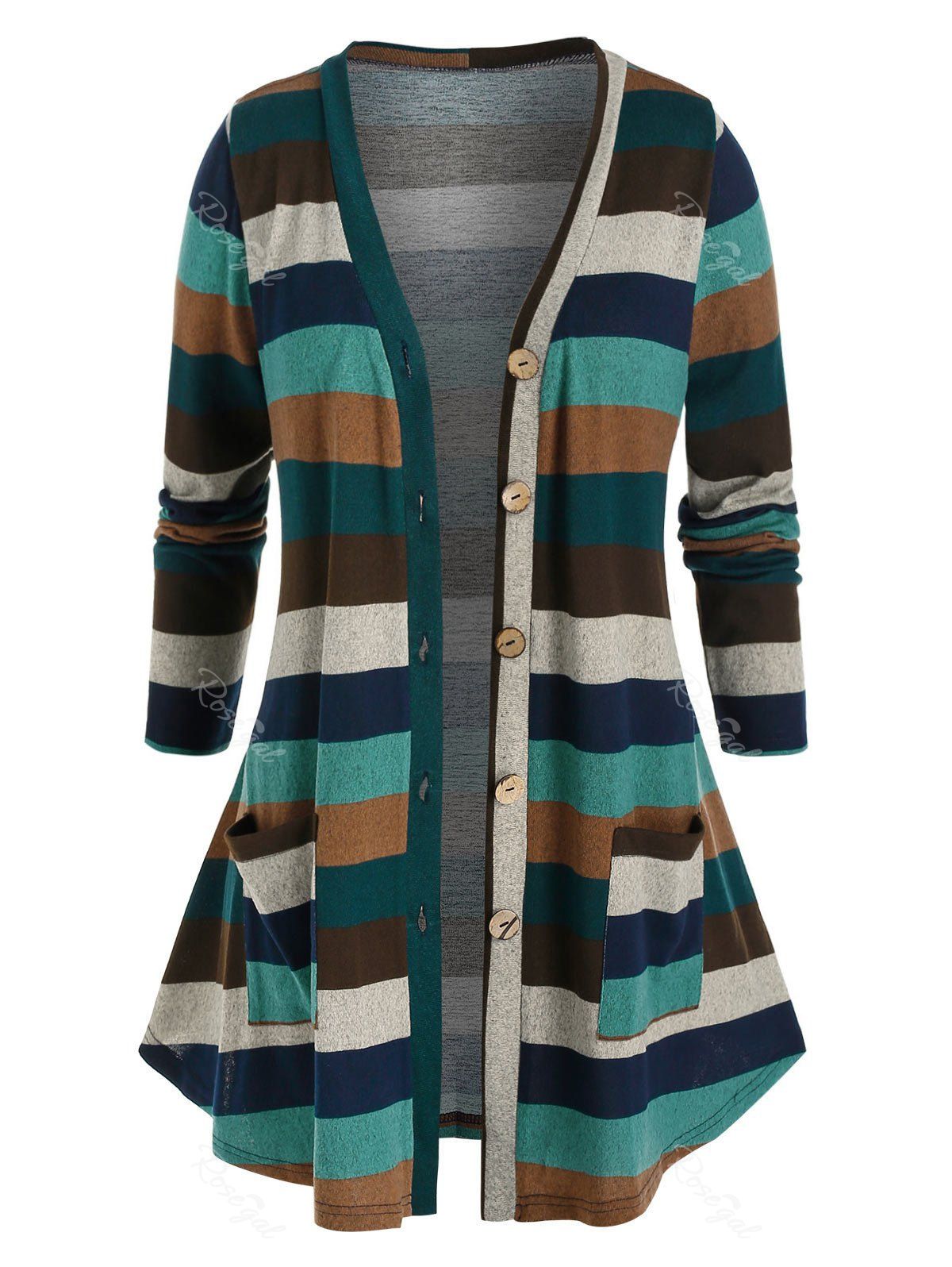 

Plus Size Striped Button Front Knitted Pocket Cardigan, Multi