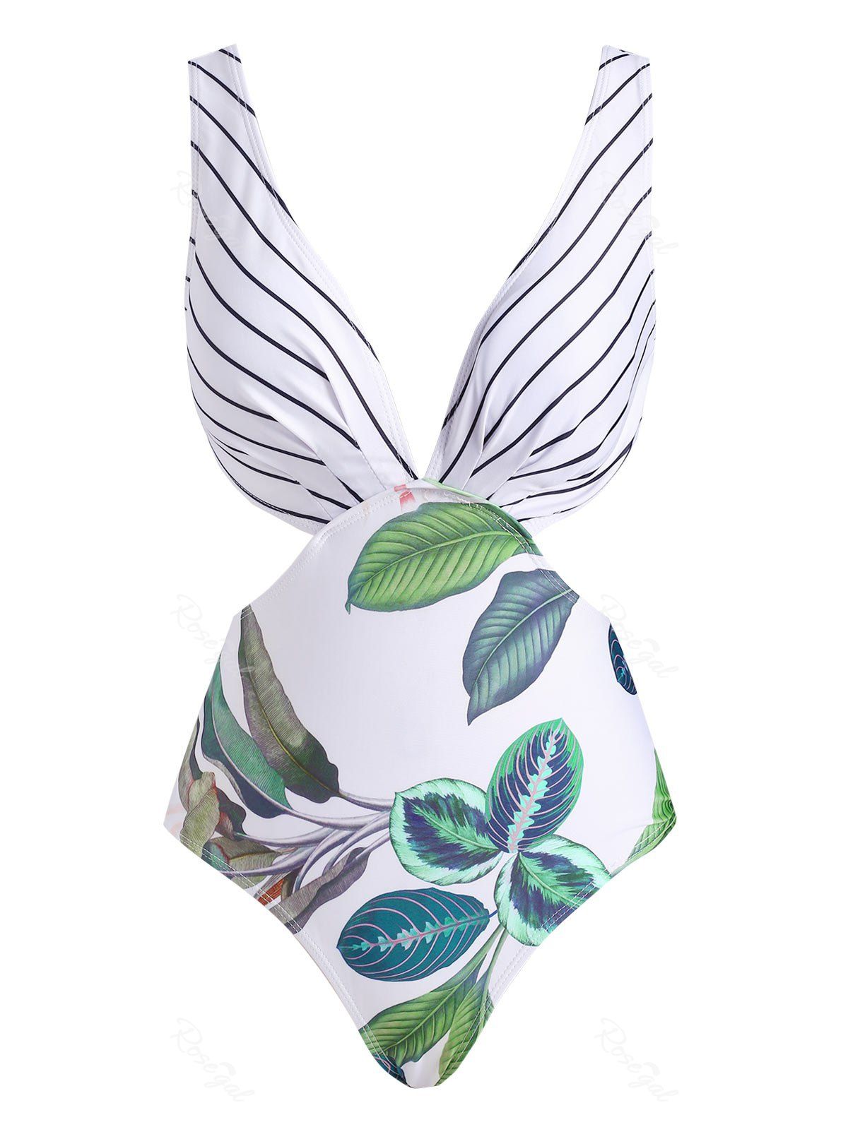 

Plunging Leaf Striped Backless One-piece Swimsuit, White