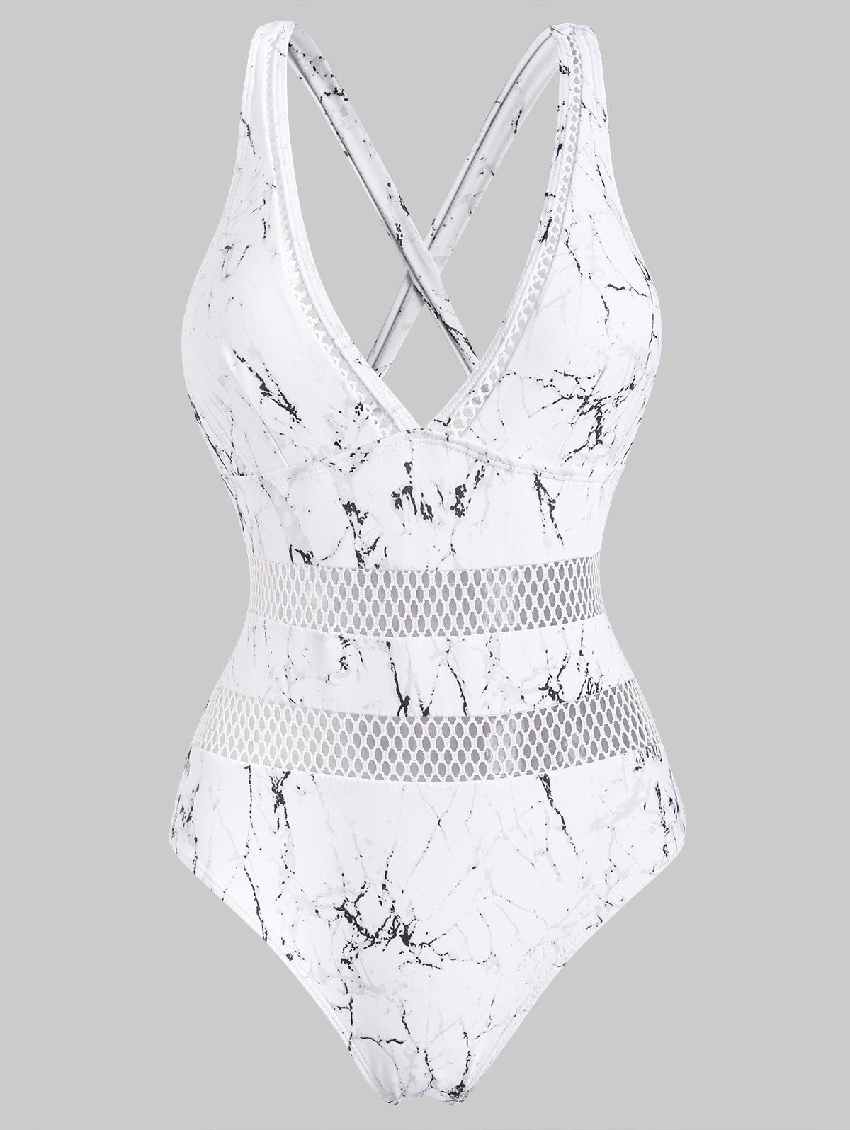 

Fishnet Insert Marble Print Plunging Backless One-piece Swimsuit, White