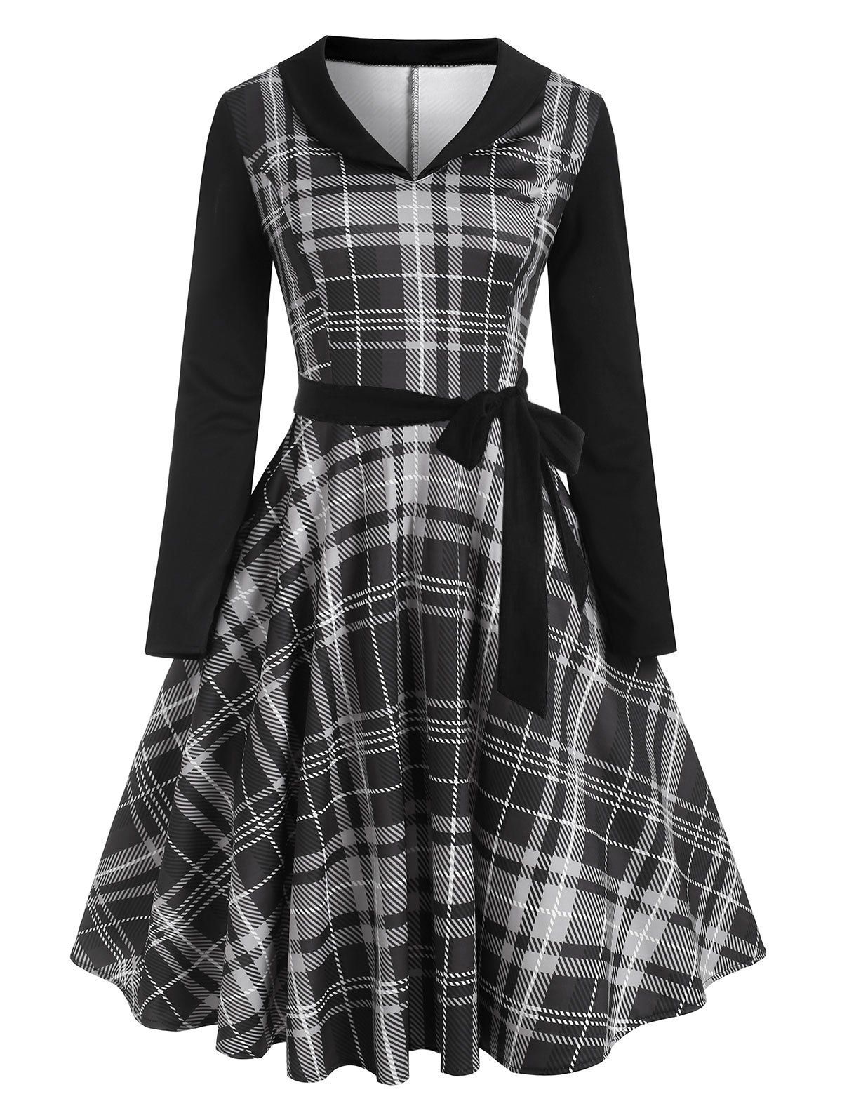 

Plaid Pocket Shawl Collar Long Sleeve Dress, Black