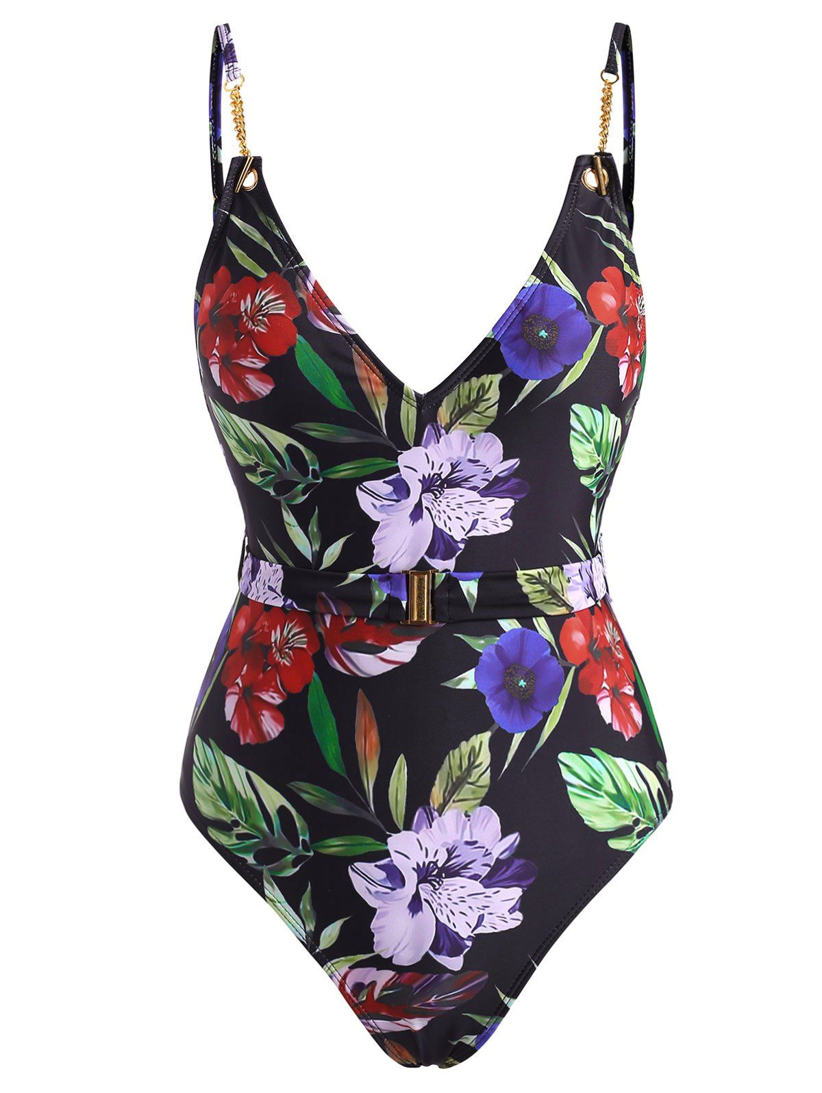 

Chain Embellished Flower Print Belted One-piece Swimsuit, Black