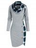 Robe Fourreau à Carreaux Imprimé avec Bouton à Col Bénitier - Gris Clair XL