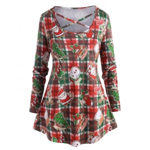 

Plus Size Christmas Printed Crisscross Plaid T Shirt, Deep green