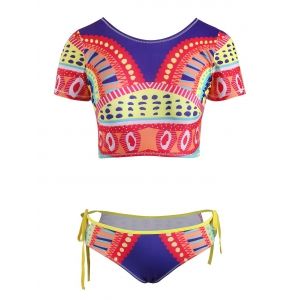 

Aztec Print Tie Cutout Tankini Swimwear, Deep blue