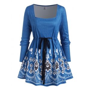 

Plus Size Square Neck Drawstring Floral Print T Shirt, Blue