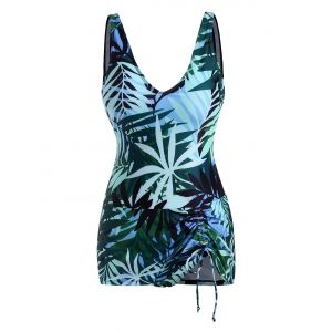 

Plunging Leaf Print Cinched Skirted Tankini Swimwear, Multi