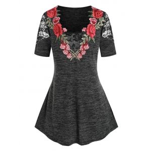 

Plus Size Lace Panel Embroidery Floral T Shirt, Black