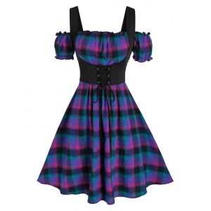 

Plus Size Plaid Lace-up Frilled Cold Shoulder Retro Dress, Purple sage bush