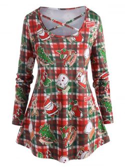 Plus Size Christmas Printed Crisscross Plaid T Shirt - DEEP GREEN - 2X