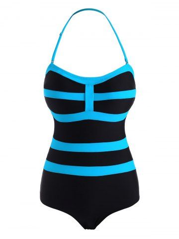 Striped Bicolor Halter One-piece Swimsuit - BLACK - S