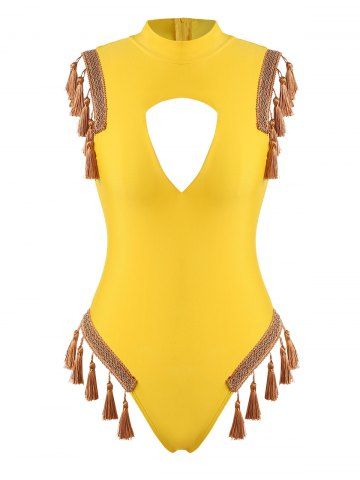 Tape Trim Tassel Cutout High Neck One-piece Swimsuit - YELLOW - M