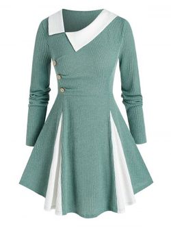 Plus Size Bicolor Godet Skew Collar A Line Tunic Sweater - SEA GREEN - L