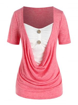 Plus Size Draped Ruched Two Tone Buttoned Tee