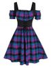 Plus Size Plaid Lace-up Corset Waist Frilled Cold Shoulder Retro Dress -  
