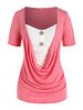 T-shirt Boutonné Bicolore Drapé Grande Taille à Volants - Rose Flamant 1X