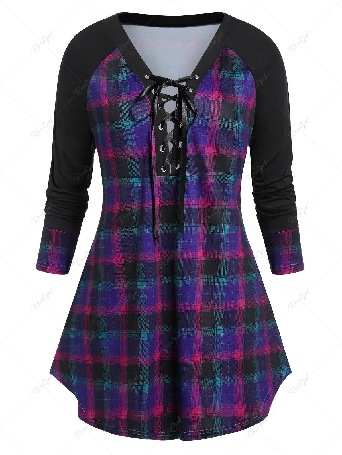

Plus Size Raglan Sleeve Checked Tunic Sweatshirt, Purple iris