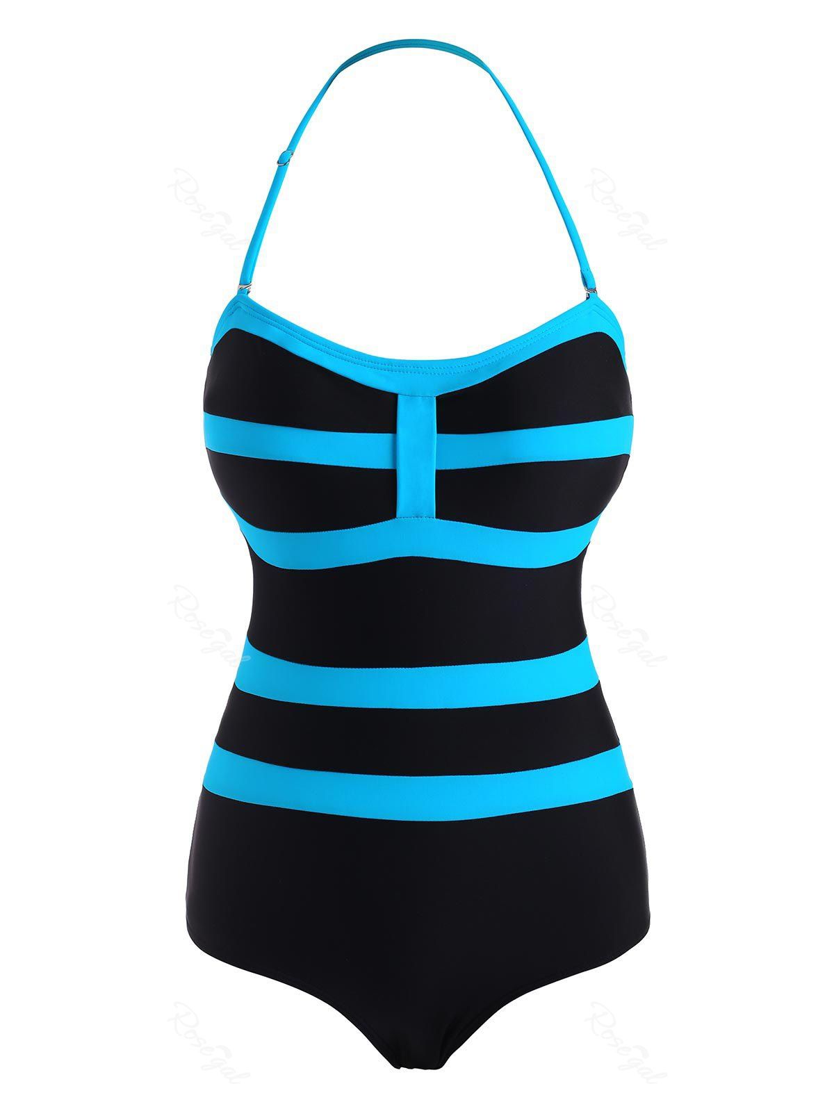 

Striped Bicolor Halter One-piece Swimsuit, Black