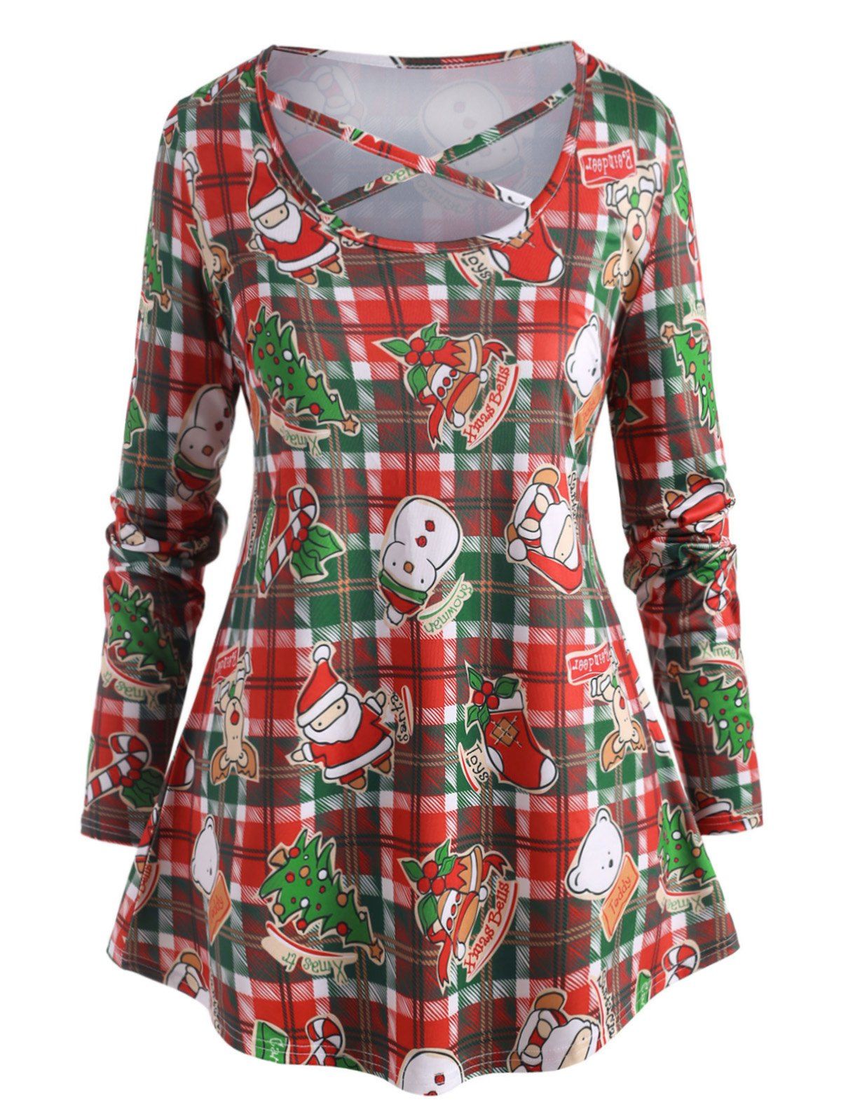 Buy Plus Size Christmas Printed Crisscross Plaid T Shirt  